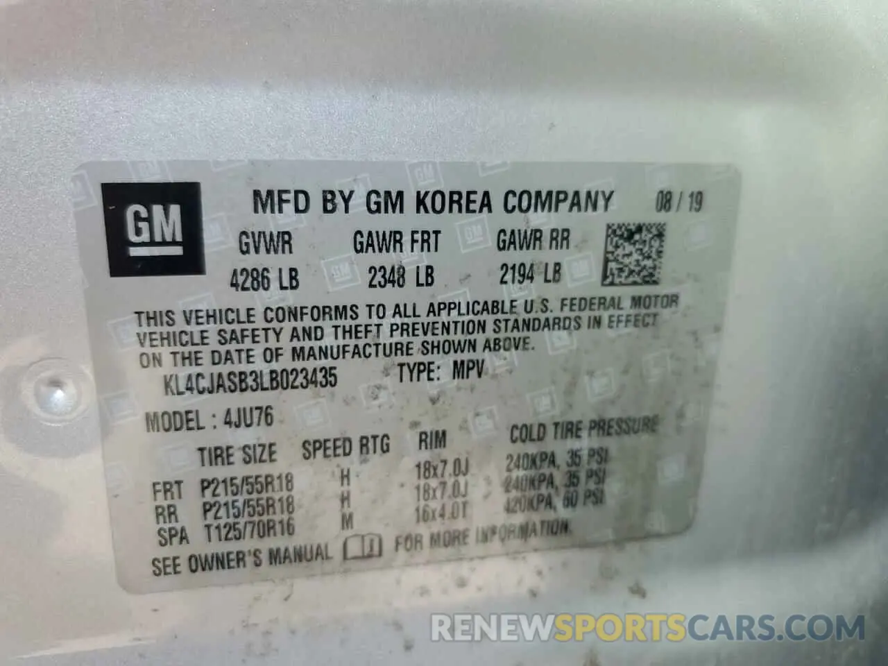 14 Фотография поврежденного автомобиля KL4CJASB3LB023435 BUICK ENCORE 2020