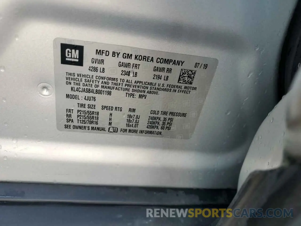 13 Фотография поврежденного автомобиля KL4CJASB4LB001198 BUICK ENCORE 2020