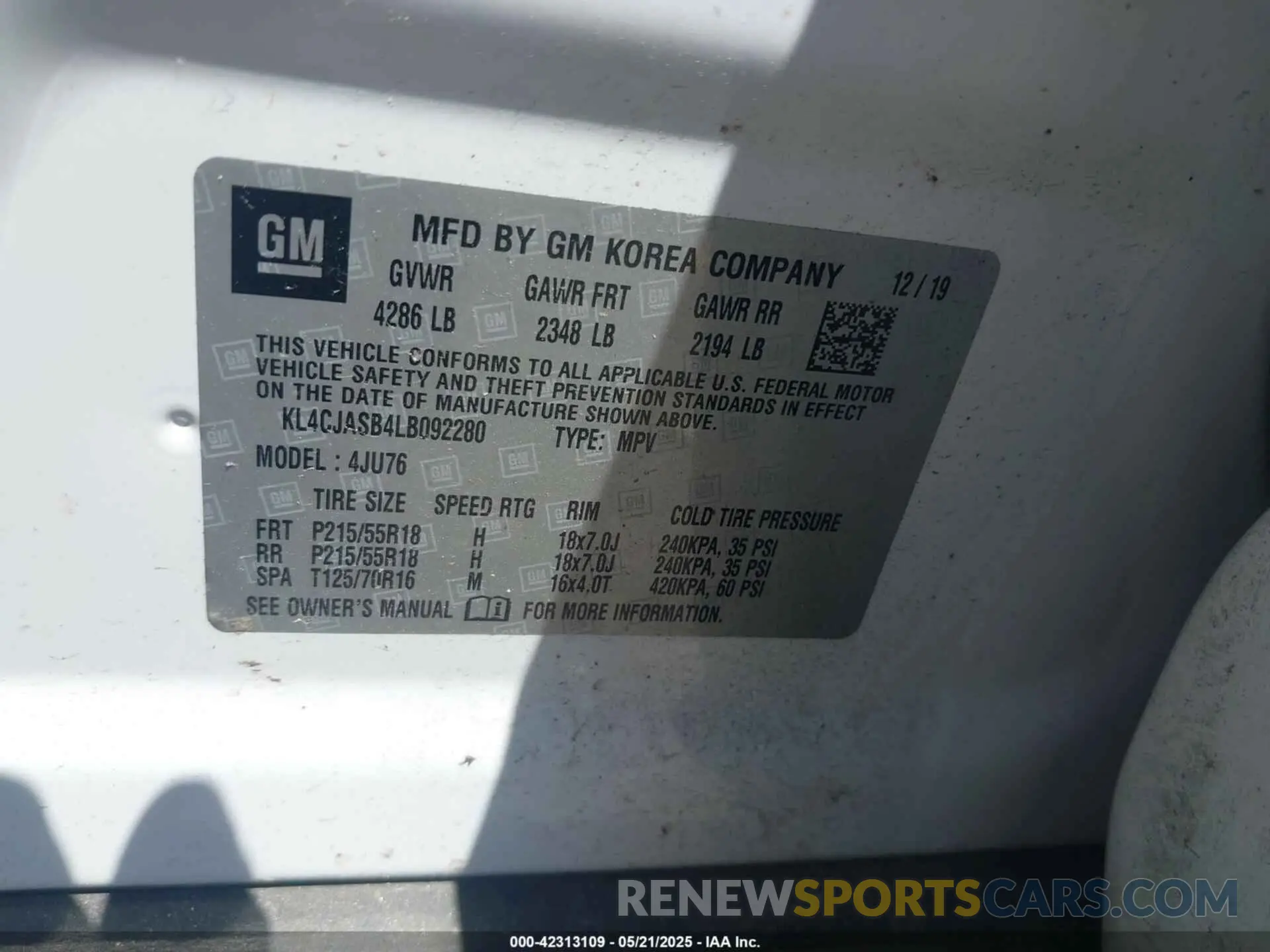 9 Фотография поврежденного автомобиля KL4CJASB4LB092280 BUICK ENCORE 2020