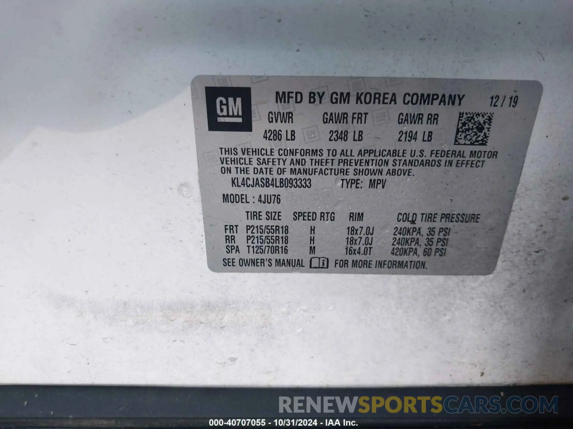 9 Фотография поврежденного автомобиля KL4CJASB4LB093333 BUICK ENCORE 2020