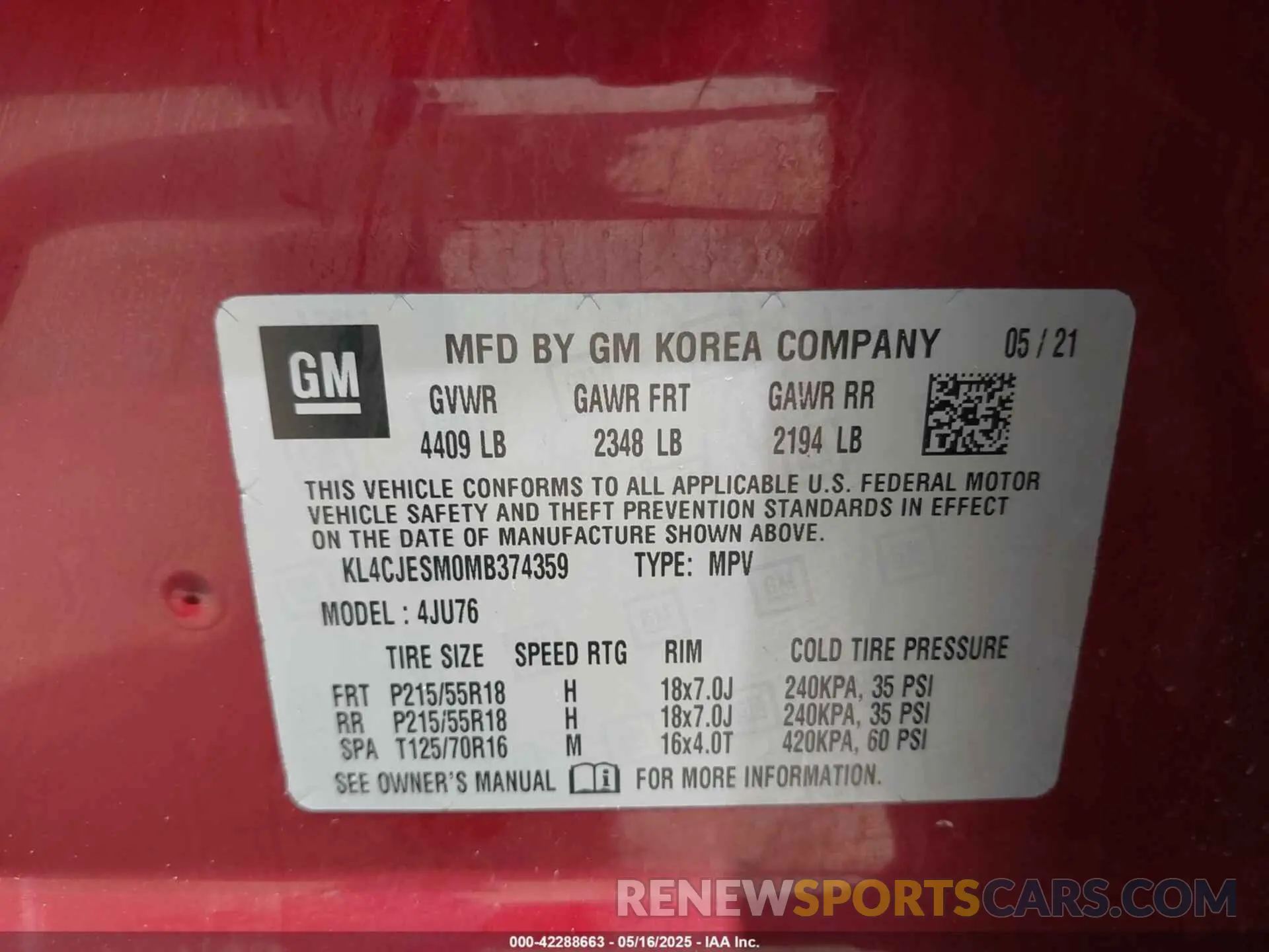 9 Фотография поврежденного автомобиля KL4CJESM0MB374359 BUICK ENCORE 2021