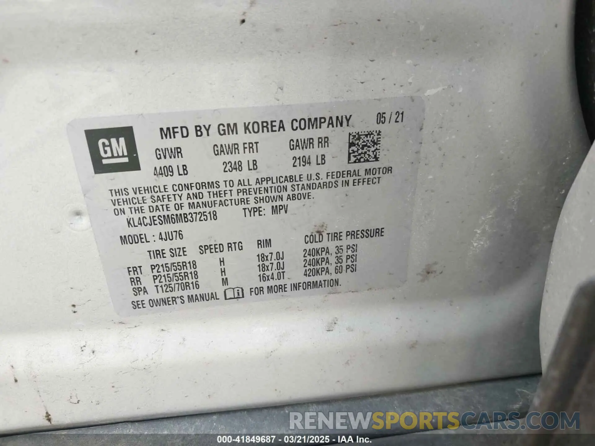 9 Фотография поврежденного автомобиля KL4CJESM6MB372518 BUICK ENCORE 2021