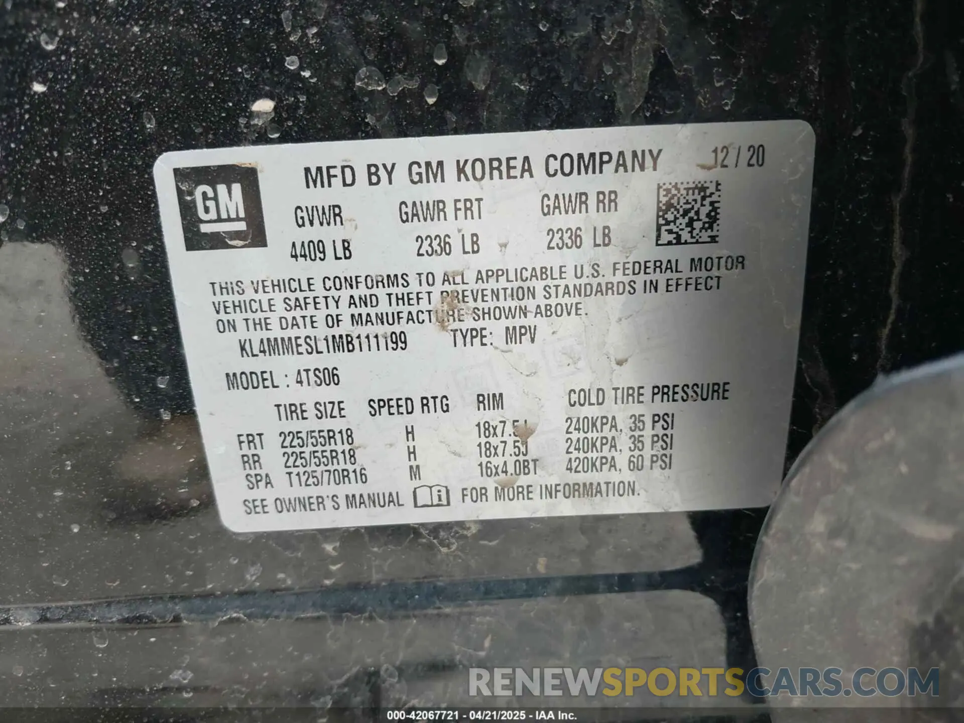 9 Фотография поврежденного автомобиля KL4MMESL1MB111199 BUICK ENCORE GX 2021