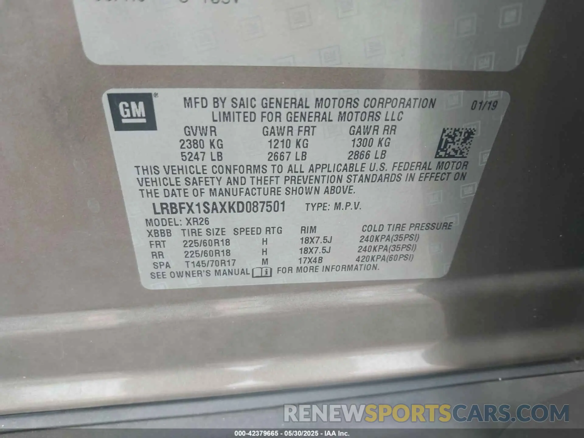 9 Photograph of a damaged car LRBFX1SAXKD087501 BUICK ENVISION 2019
