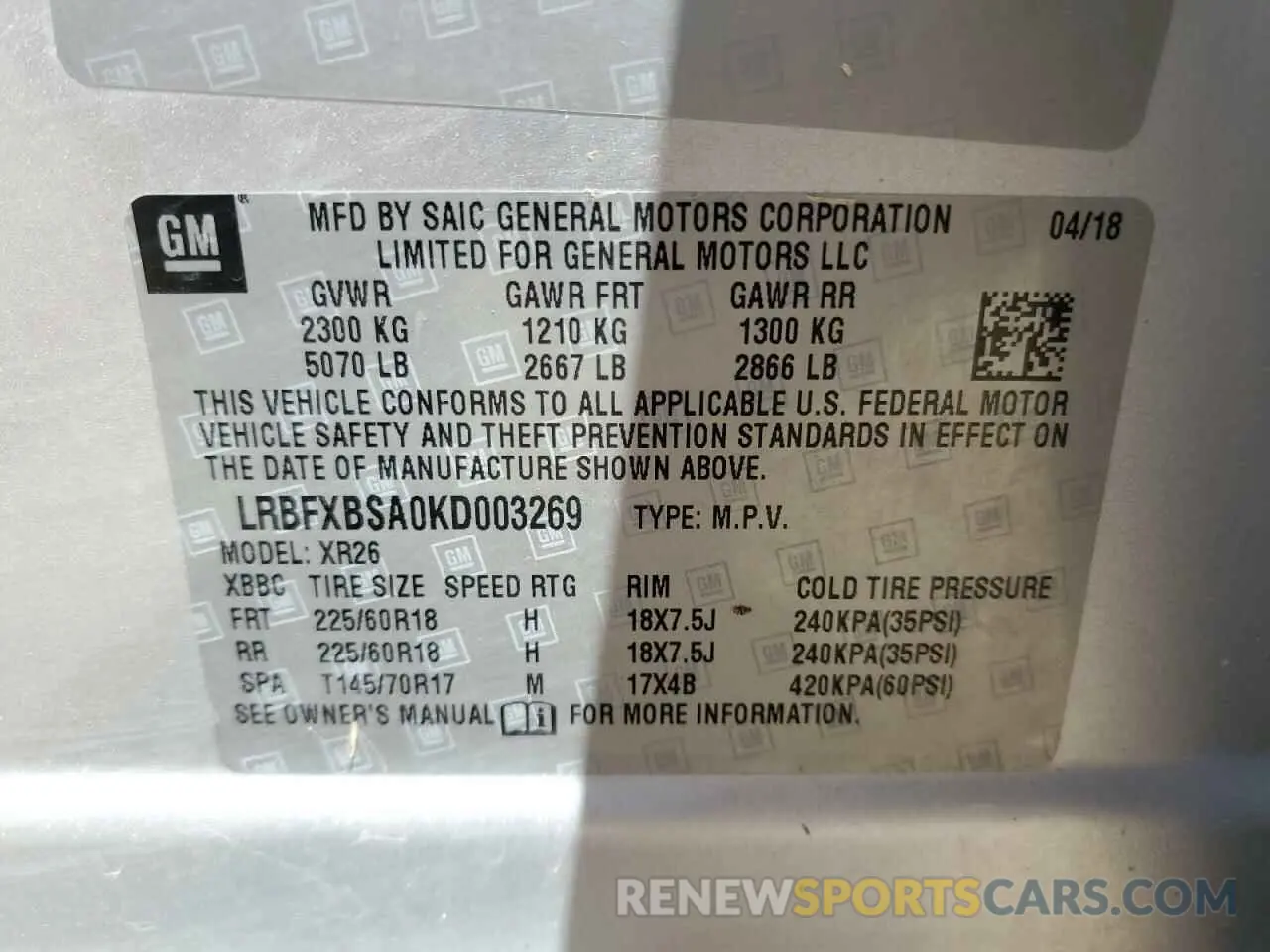 13 Фотография поврежденного автомобиля LRBFXBSA0KD003269 BUICK ENVISION 2019