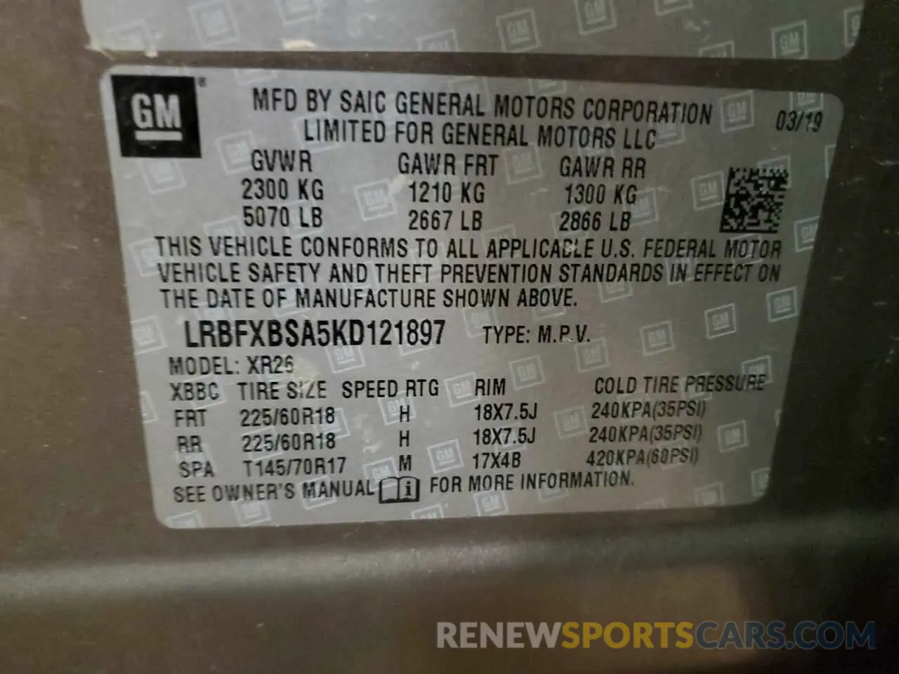 13 Photograph of a damaged car LRBFXBSA5KD121897 BUICK ENVISION 2019