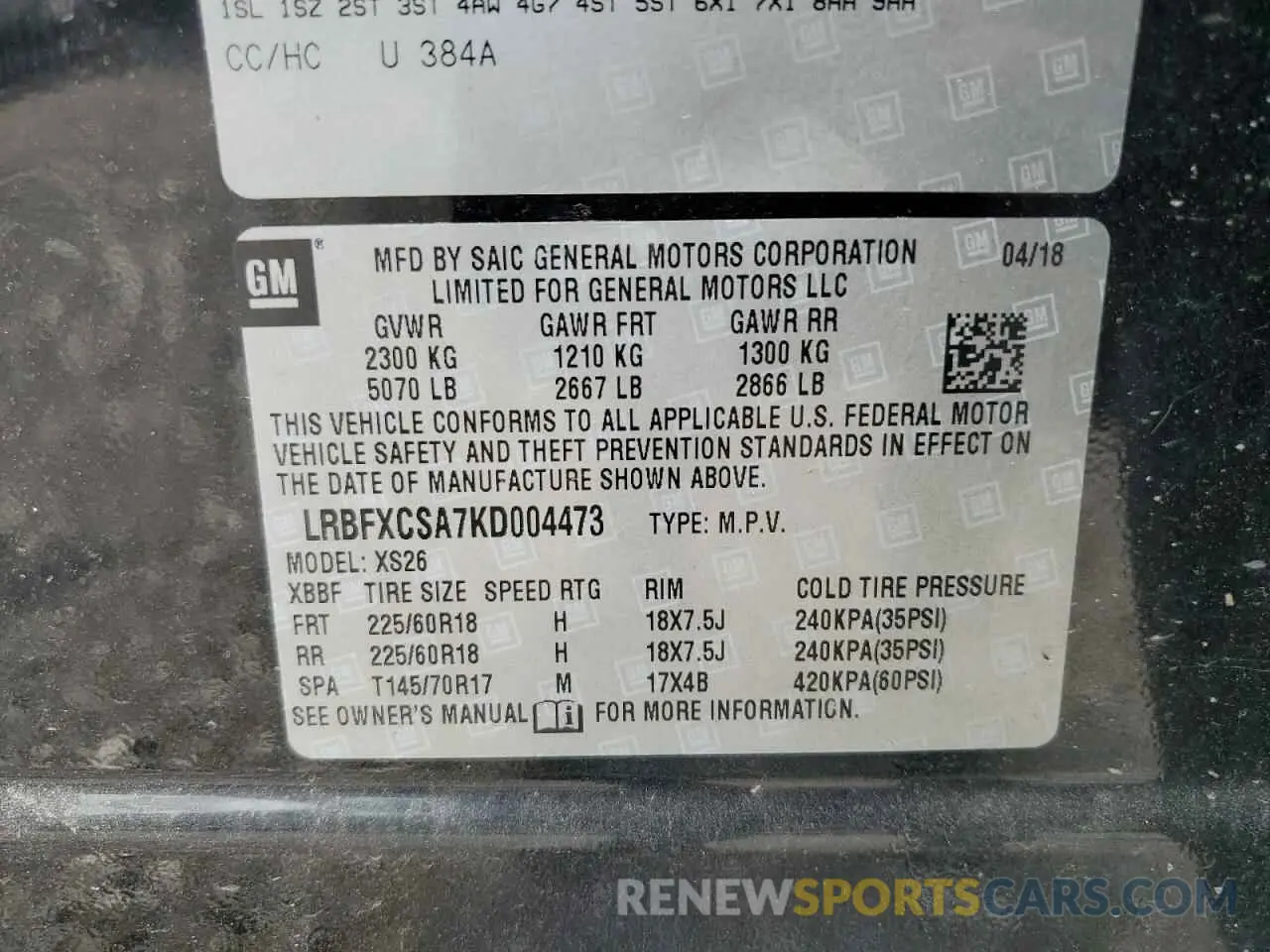 13 Фотография поврежденного автомобиля LRBFXCSA7KD004473 BUICK ENVISION 2019