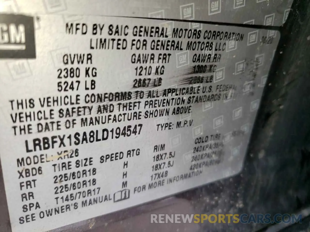 13 Photograph of a damaged car LRBFX1SA8LD194547 BUICK ENVISION 2020