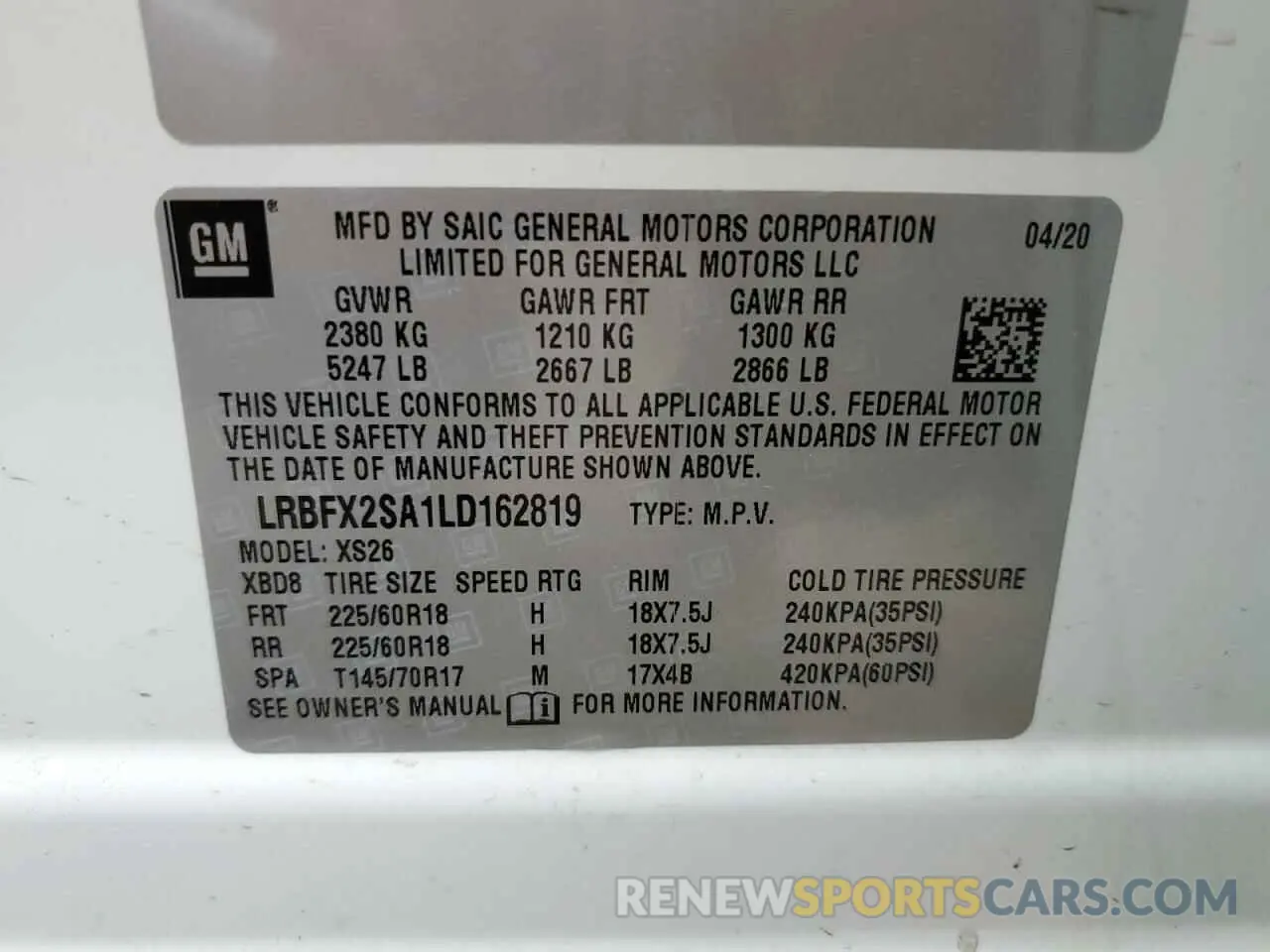 13 Photograph of a damaged car LRBFX2SA1LD162819 BUICK ENVISION 2020
