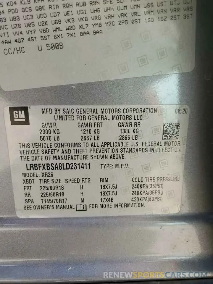 14 Фотография поврежденного автомобиля LRBFXBSA8LD231411 BUICK ENVISION 2020