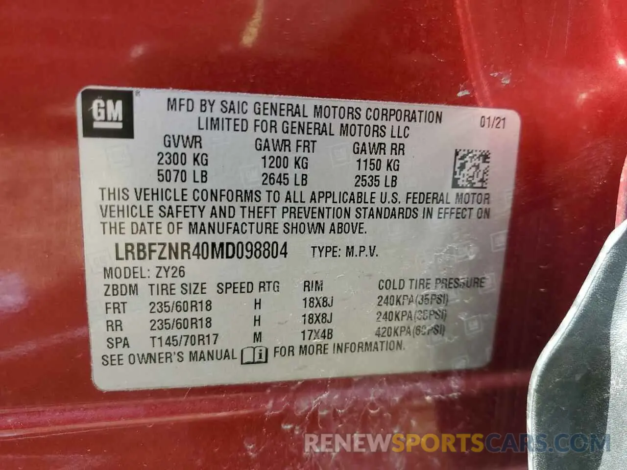 13 Фотография поврежденного автомобиля LRBFZNR40MD098804 BUICK ENVISION 2021