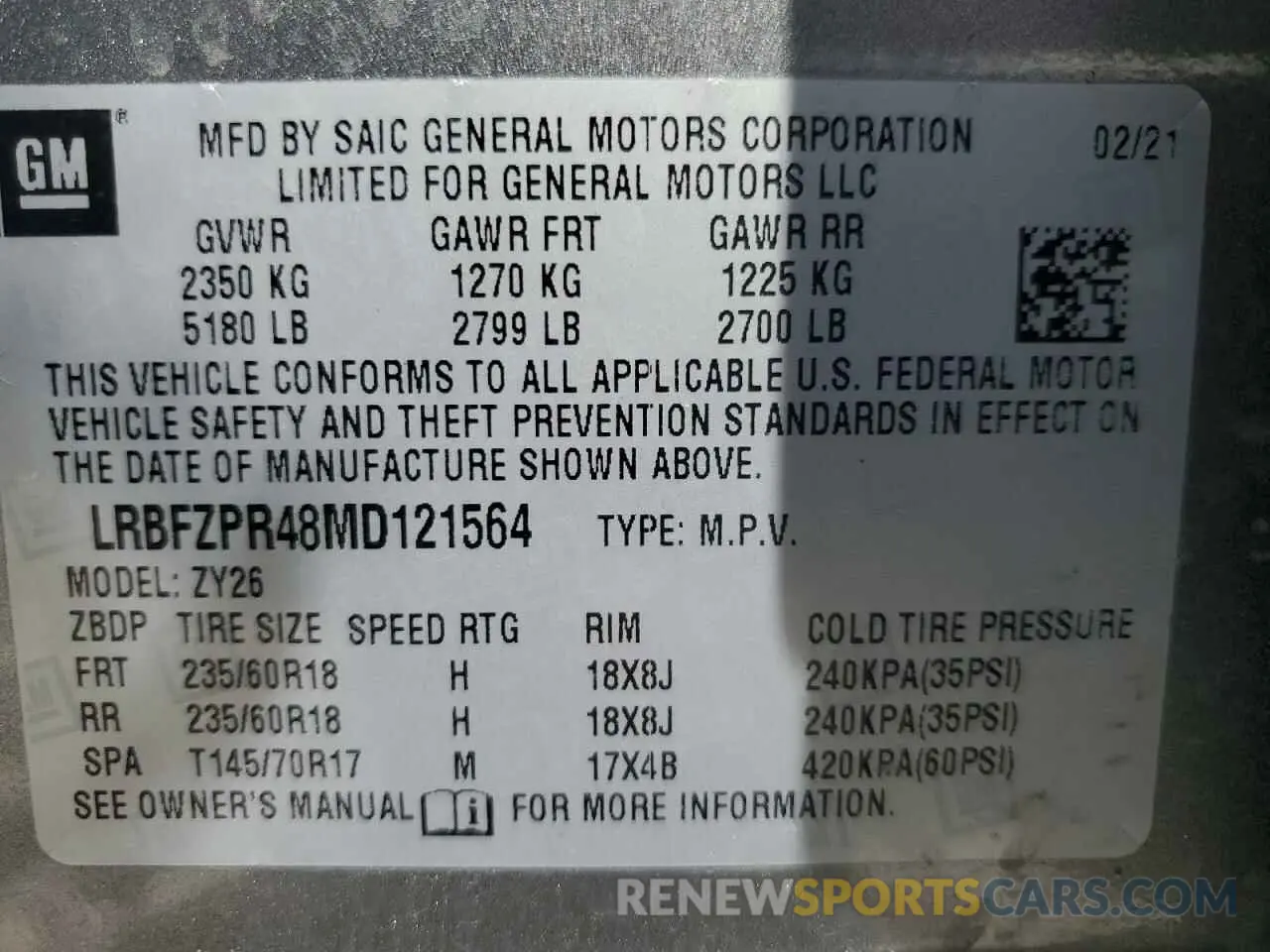 14 Photograph of a damaged car LRBFZPR48MD121564 BUICK ENVISION 2021