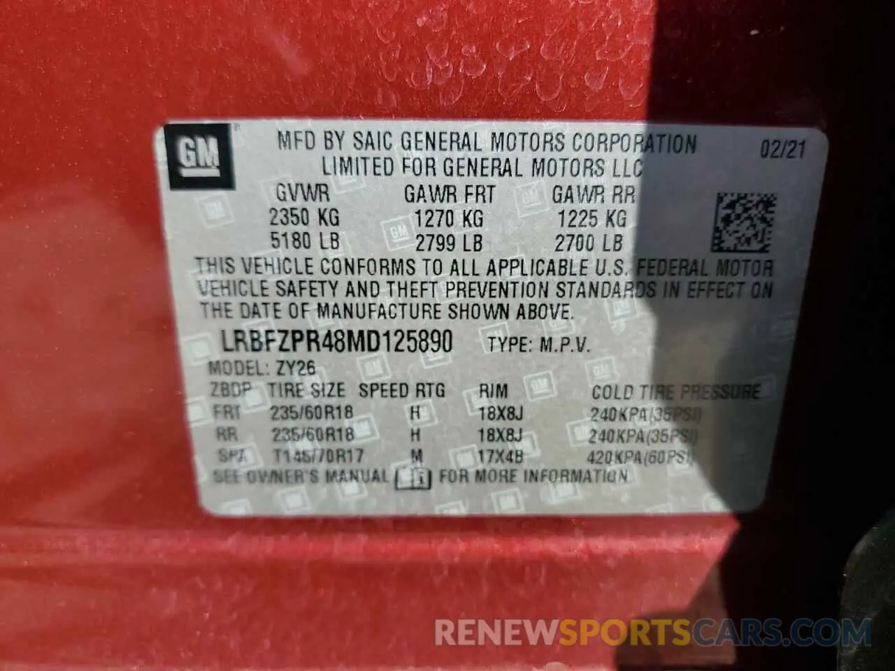 14 Photograph of a damaged car LRBFZPR48MD125890 BUICK ENVISION 2021