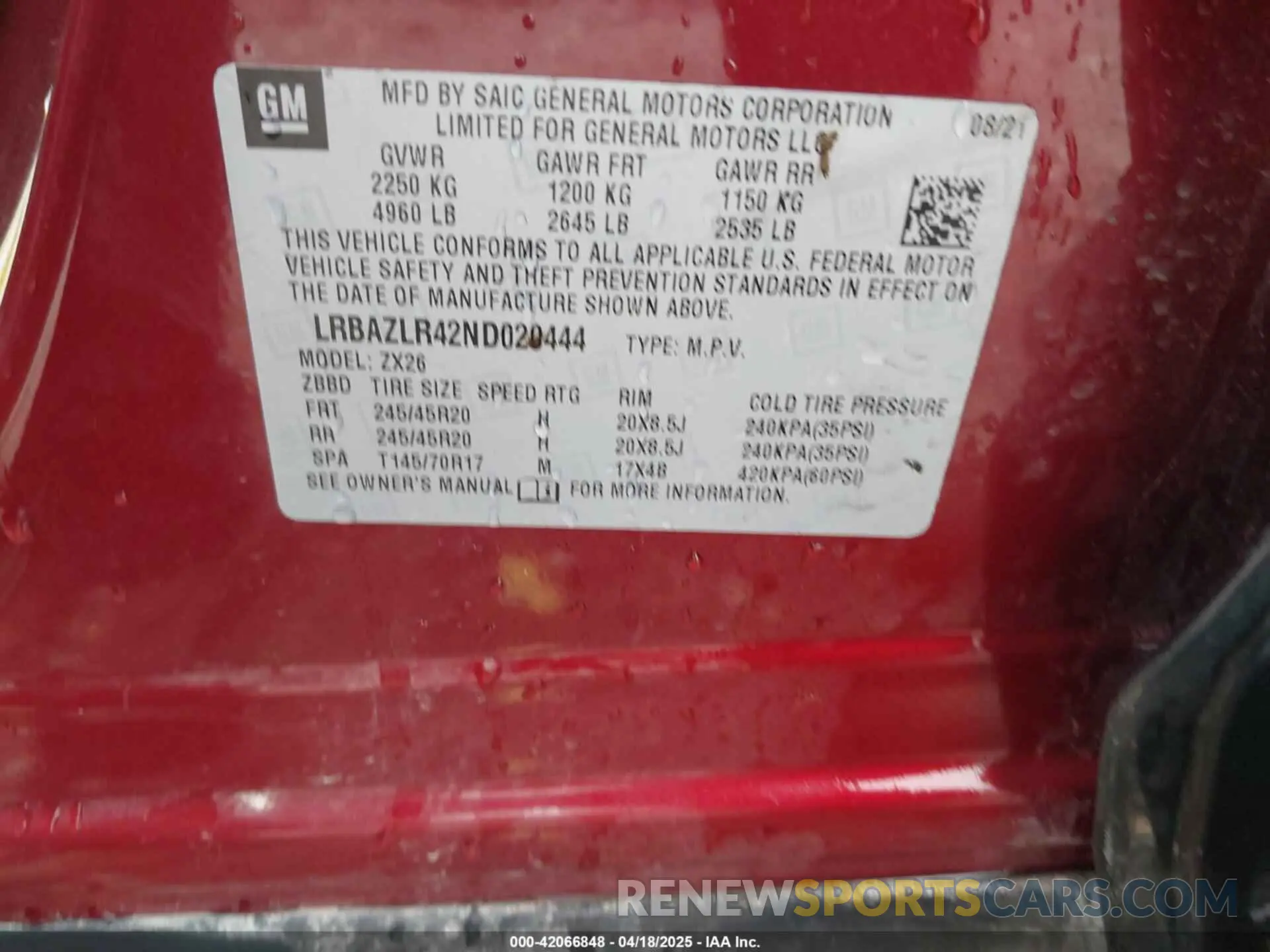 9 Photograph of a damaged car LRBAZLR42ND020444 BUICK ENVISION 2022