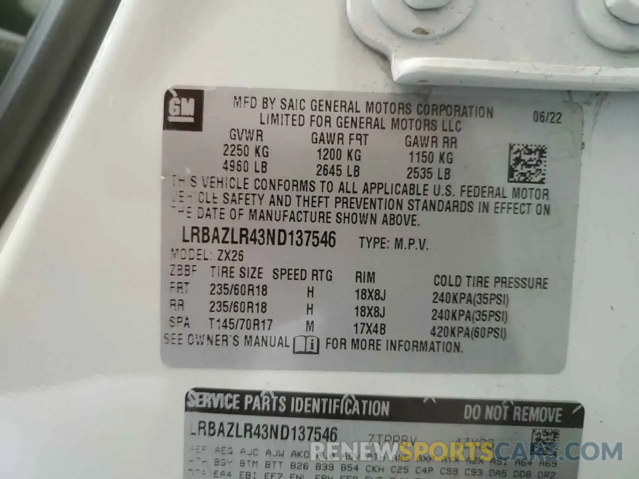 13 Photograph of a damaged car LRBAZLR43ND137546 BUICK ENVISION 2022