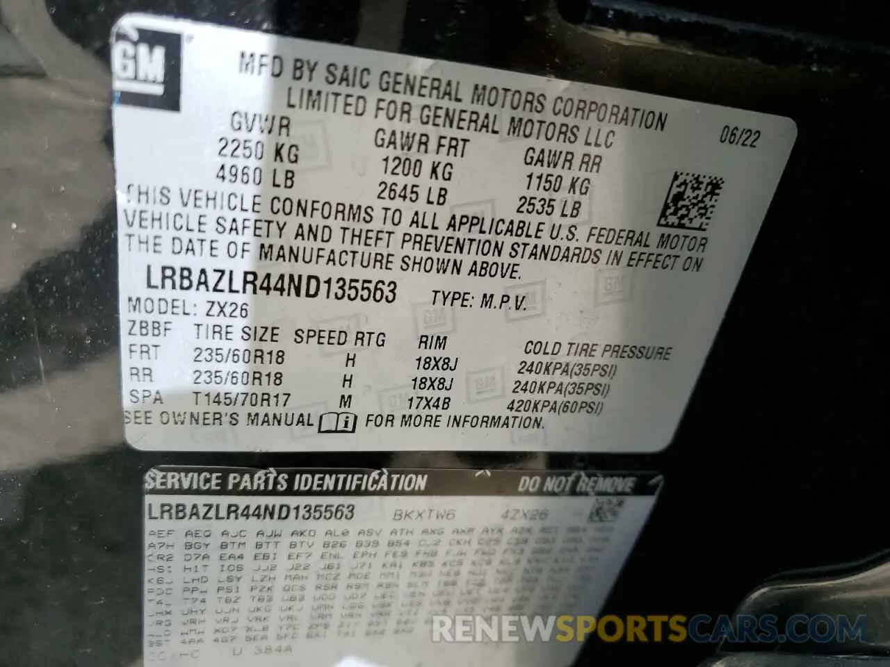 13 Photograph of a damaged car LRBAZLR44ND135563 BUICK ENVISION 2022