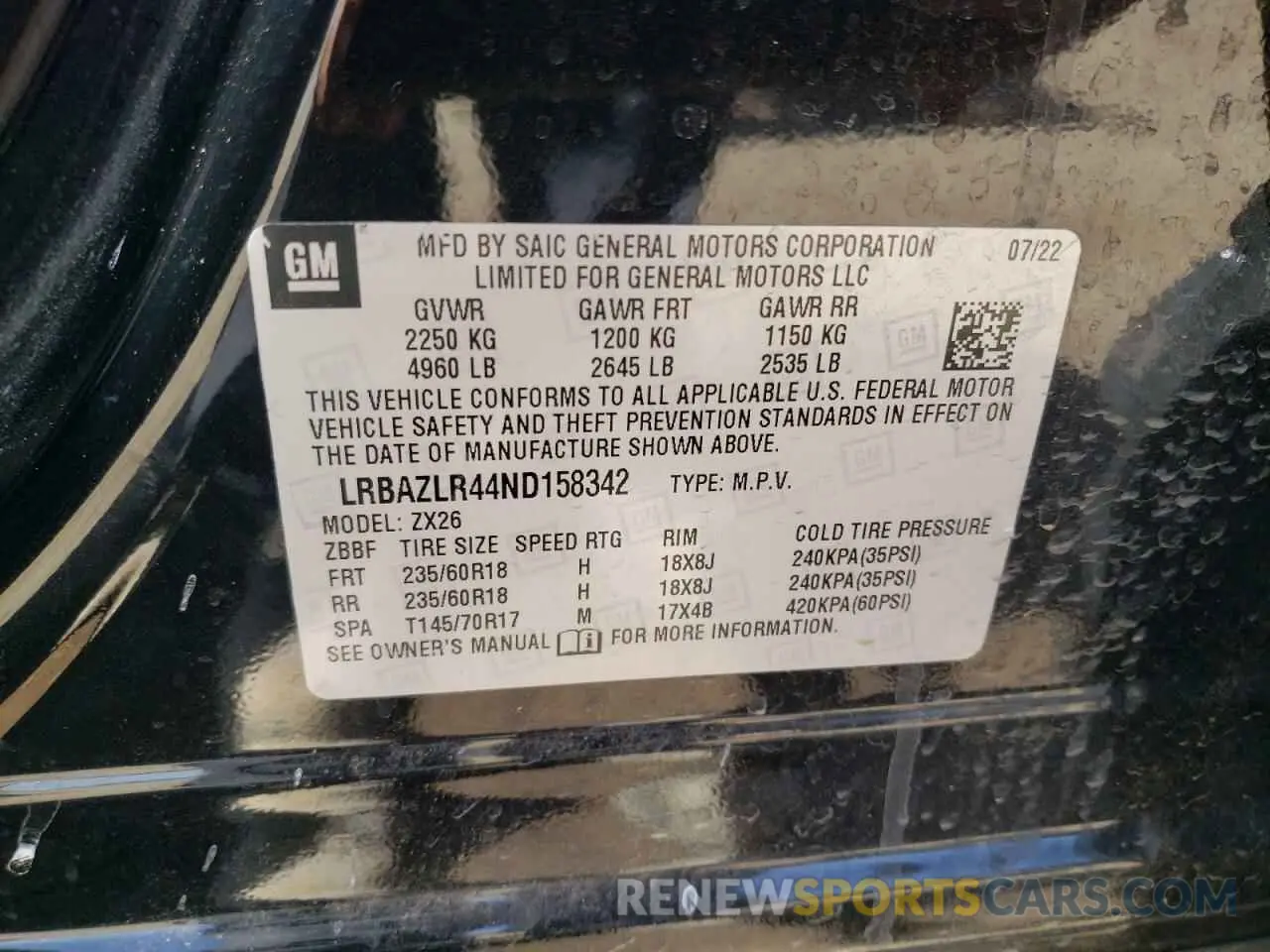13 Photograph of a damaged car LRBAZLR44ND158342 BUICK ENVISION 2022