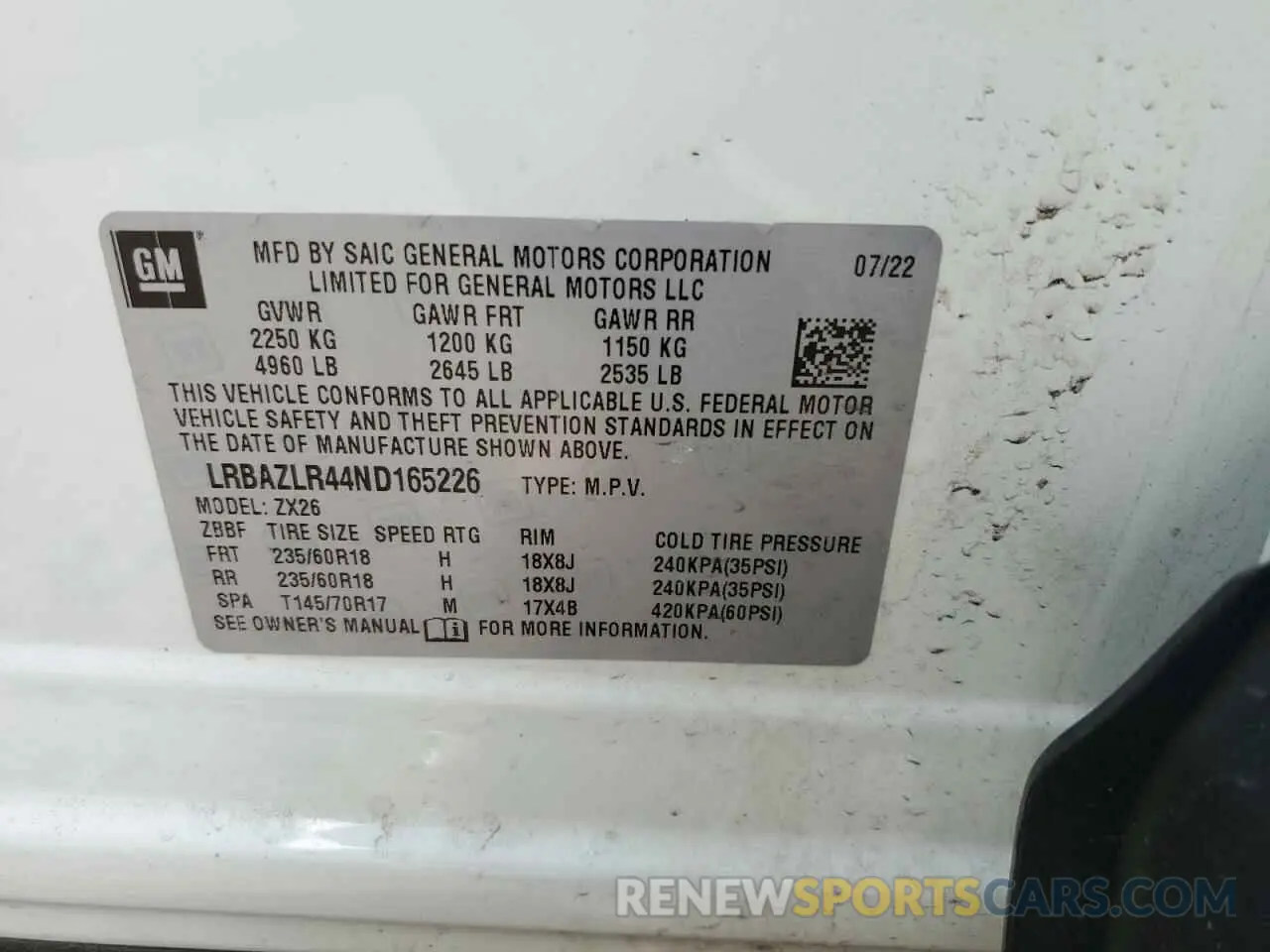 13 Фотография поврежденного автомобиля LRBAZLR44ND165226 BUICK ENVISION 2022