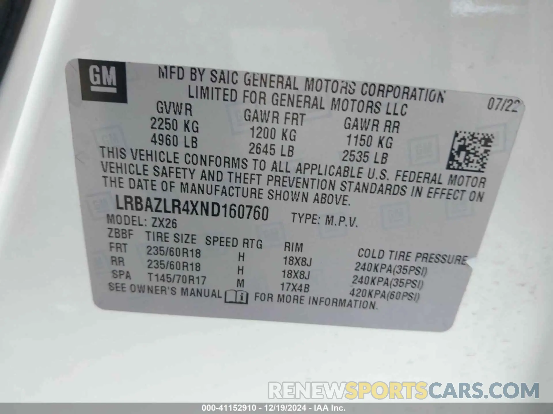9 Фотография поврежденного автомобиля LRBAZLR4XND160760 BUICK ENVISION 2022