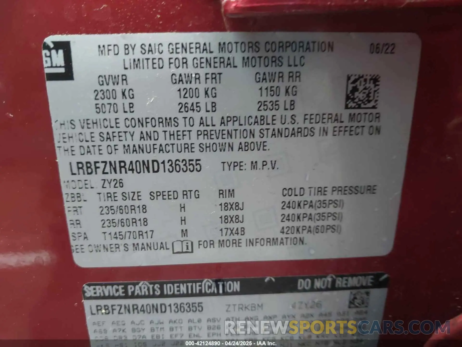 9 Фотография поврежденного автомобиля LRBFZNR40ND136355 BUICK ENVISION 2022