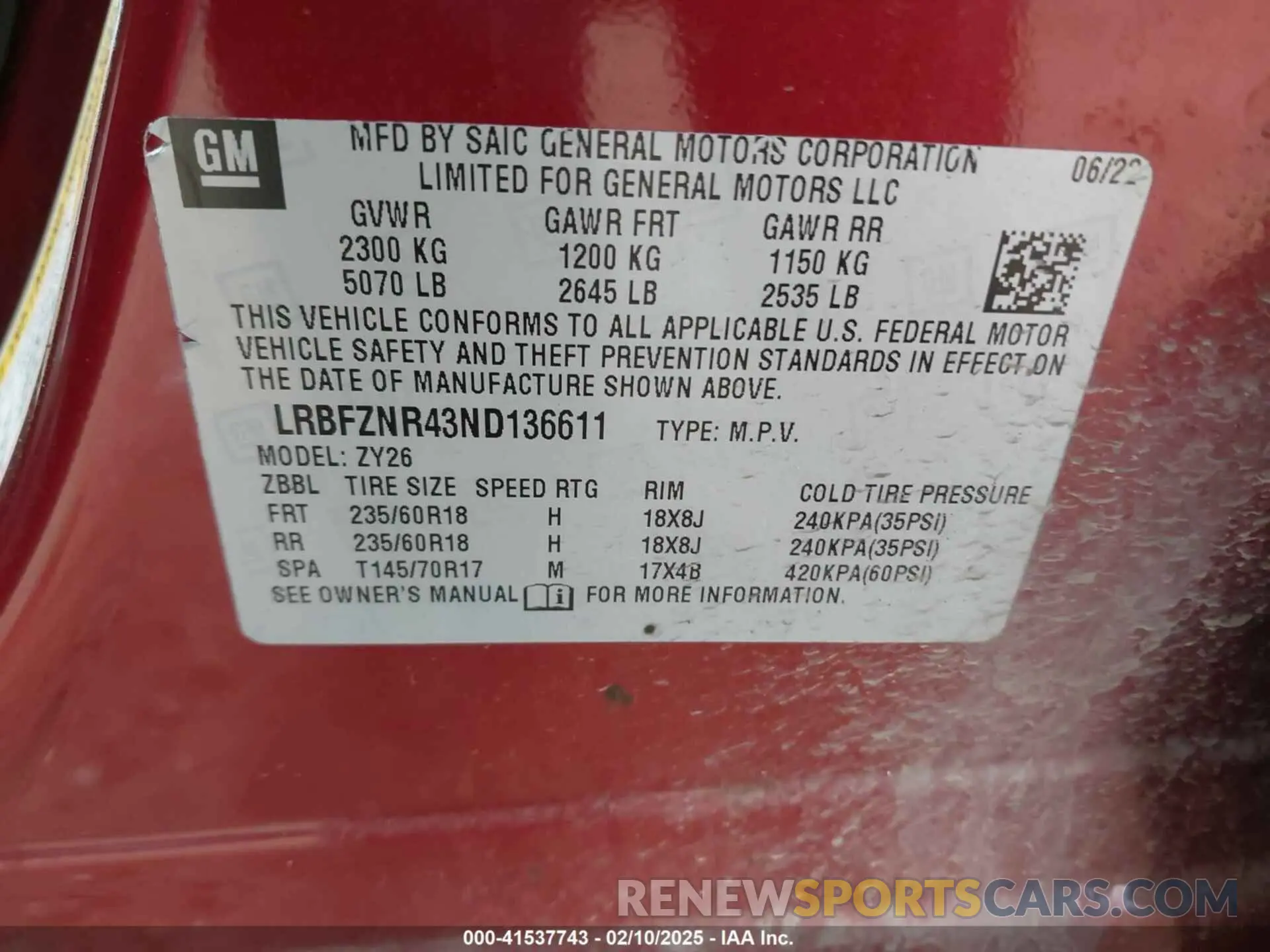 9 Фотография поврежденного автомобиля LRBFZNR43ND136611 BUICK ENVISION 2022