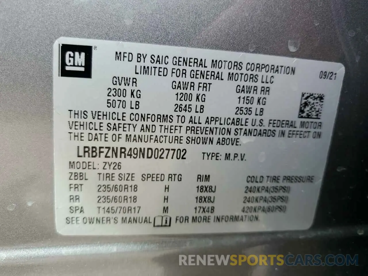 13 Фотография поврежденного автомобиля LRBFZNR49ND027702 BUICK ENVISION 2022