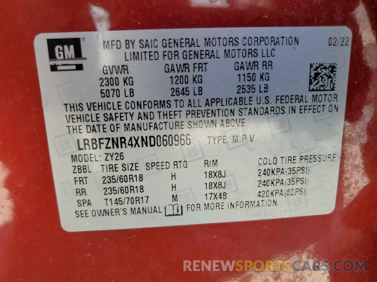 13 Photograph of a damaged car LRBFZNR4XND060966 BUICK ENVISION 2022