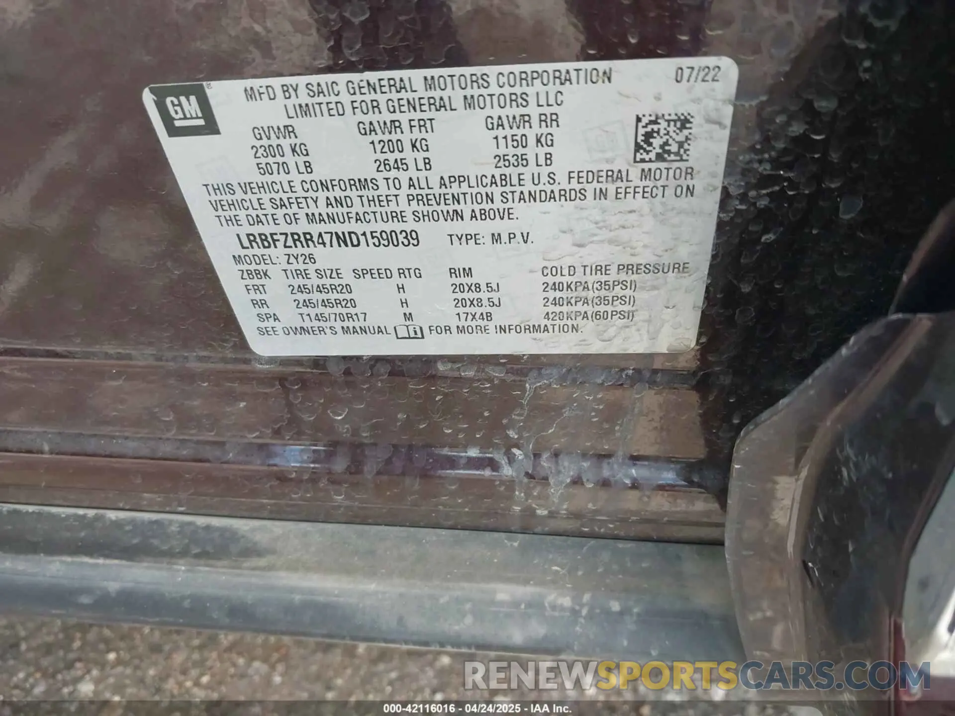 9 Фотография поврежденного автомобиля LRBFZRR47ND159039 BUICK ENVISION 2022