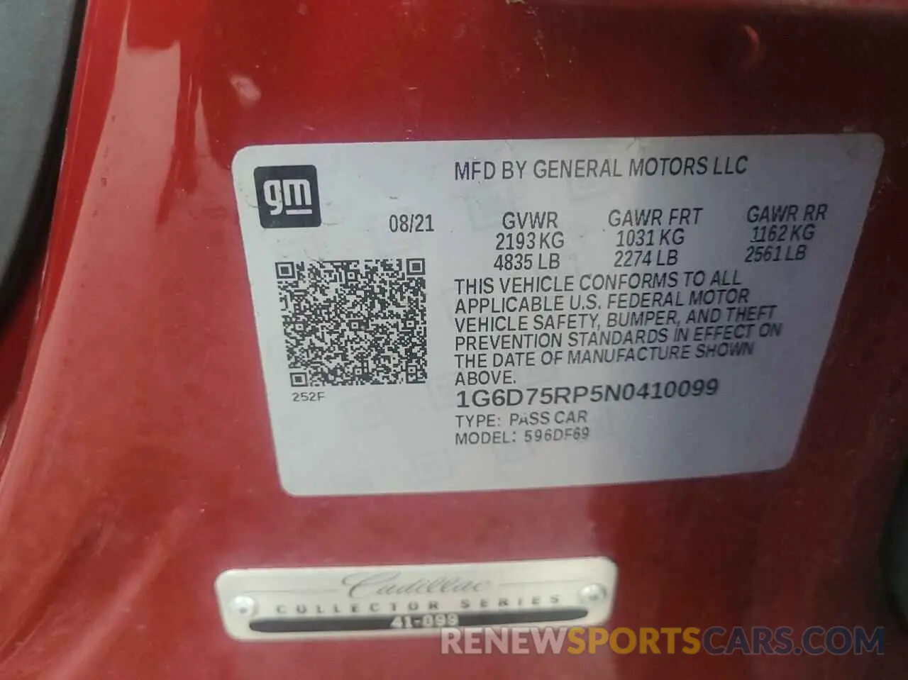 10 Photograph of a damaged car 1G6D75RP5N0410099 CADILLAC CT4-V BLAC 2022