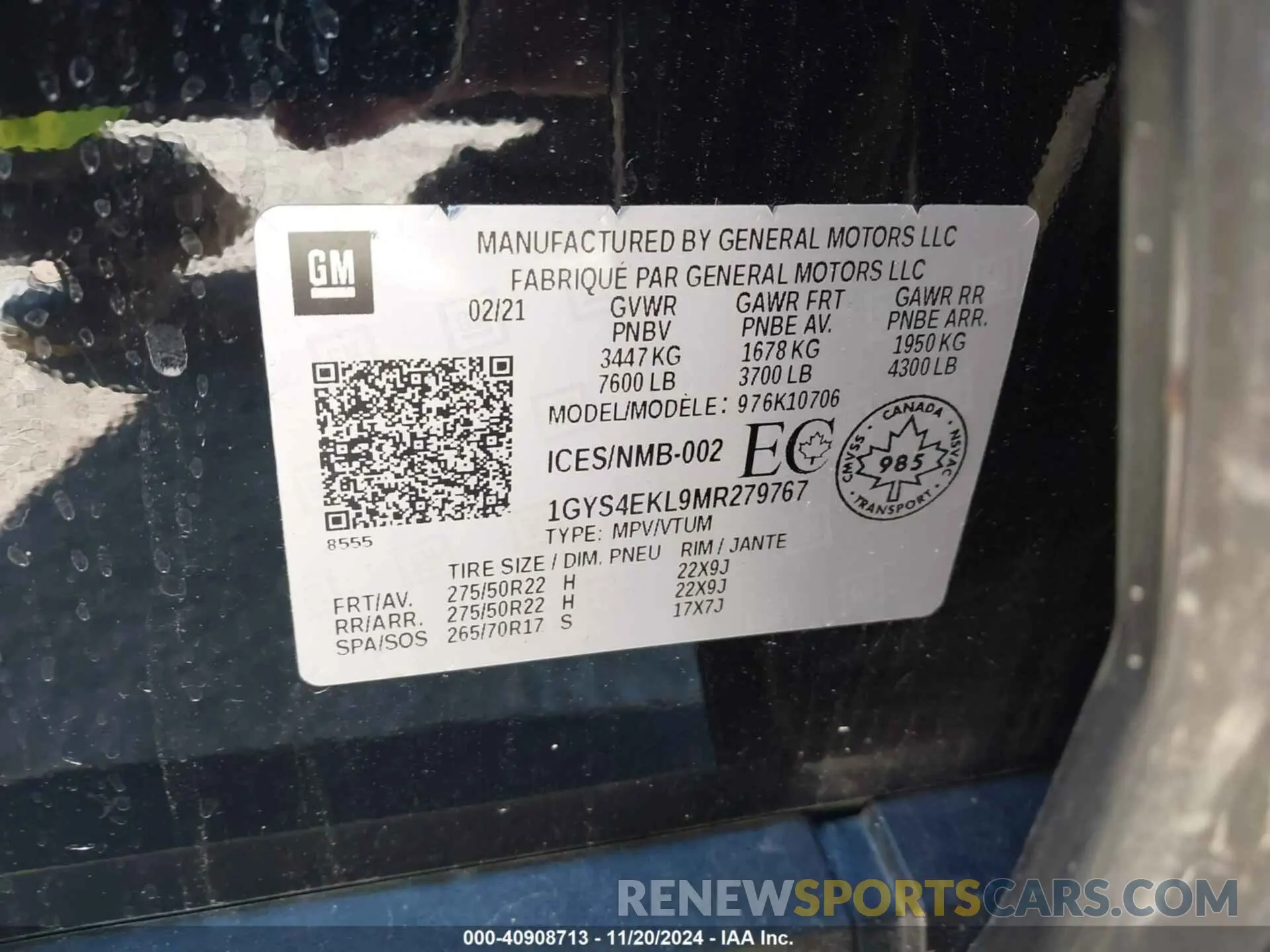 9 Photograph of a damaged car 1GYS4EKL9MR279767 CADILLAC ESCALADE 2021