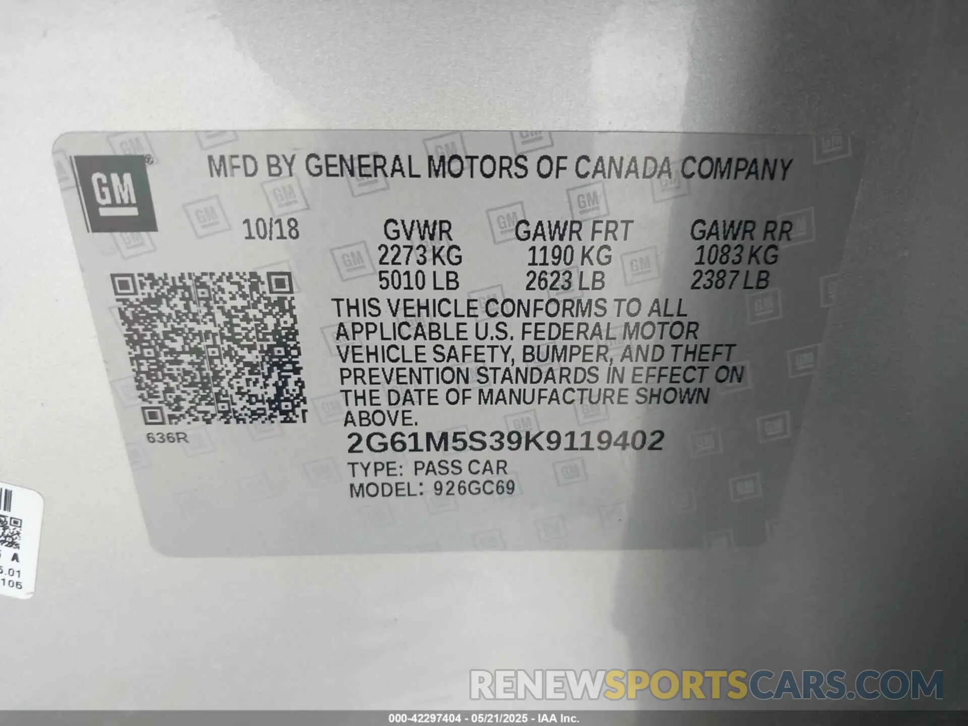 9 Фотография поврежденного автомобиля 2G61M5S39K9119402 CADILLAC XTS 2019