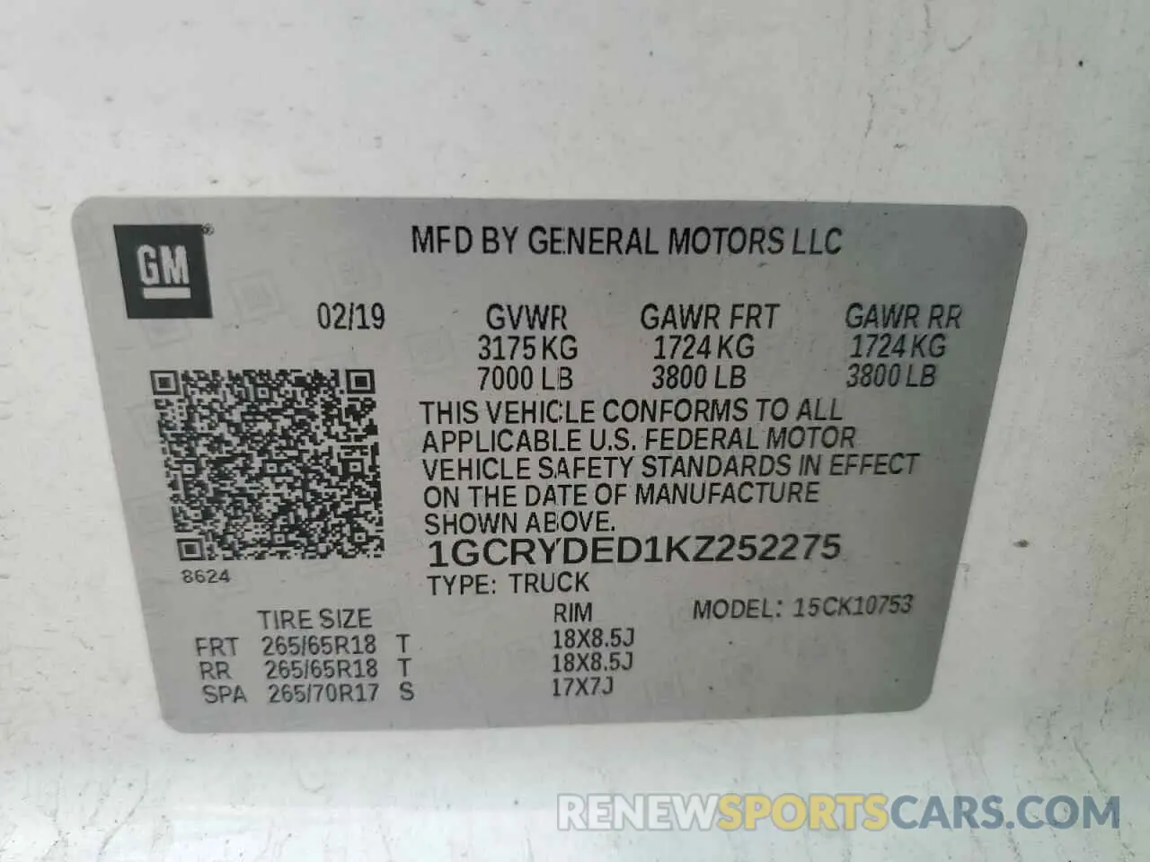 14 Photograph of a damaged car 1GCRYDED1KZ252275 CHEVROLET ALL Models 2019