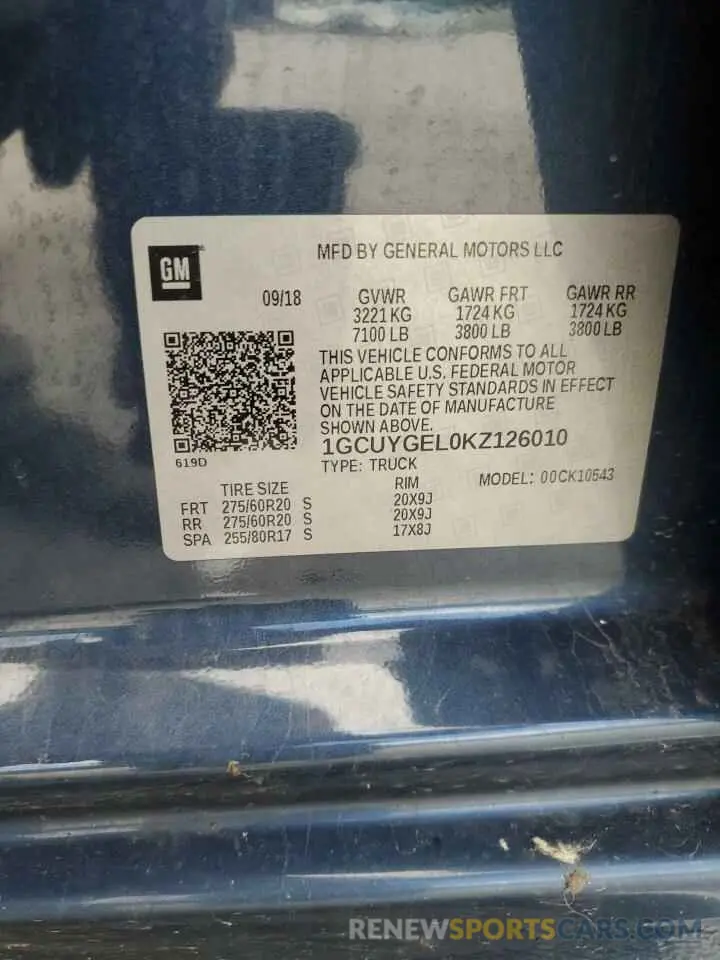 12 Фотография поврежденного автомобиля 1GCUYGEL0KZ126010 CHEVROLET ALL Models 2019