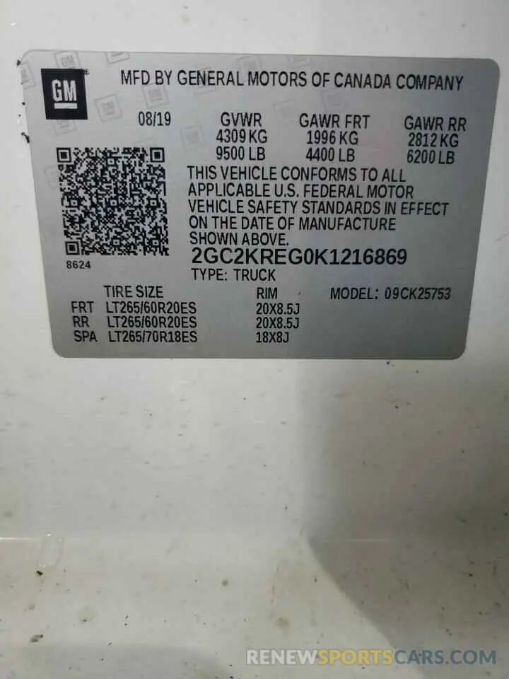 12 Фотография поврежденного автомобиля 2GC2KREG0K1216869 CHEVROLET ALL Models 2019