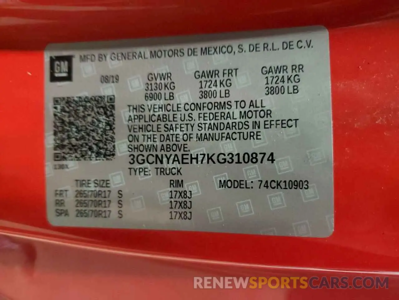 12 Photograph of a damaged car 3GCNYAEH7KG310874 CHEVROLET ALL Models 2019