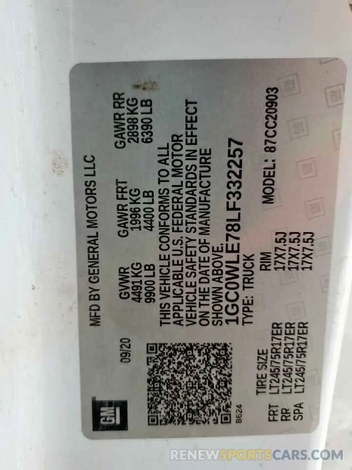 12 Photograph of a damaged car 1GC0WLE78LF332257 CHEVROLET ALL Models 2020