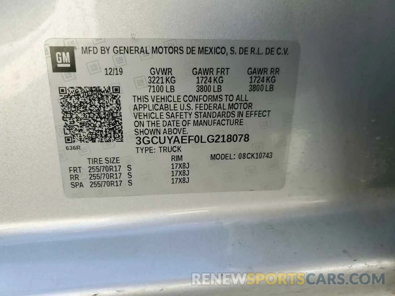 13 Фотография поврежденного автомобиля 3GCUYAEF0LG218078 CHEVROLET ALL Models 2020