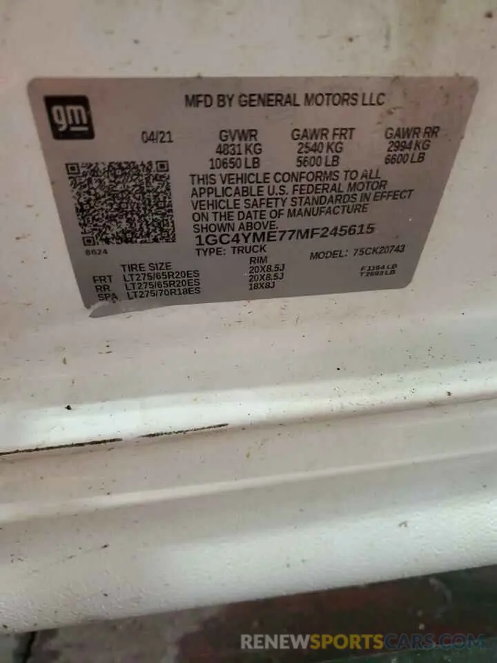 12 Photograph of a damaged car 1GC4YME77MF245615 CHEVROLET ALL Models 2021