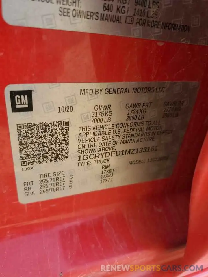 12 Photograph of a damaged car 1GCRYDED1MZ133161 CHEVROLET All Models 2021