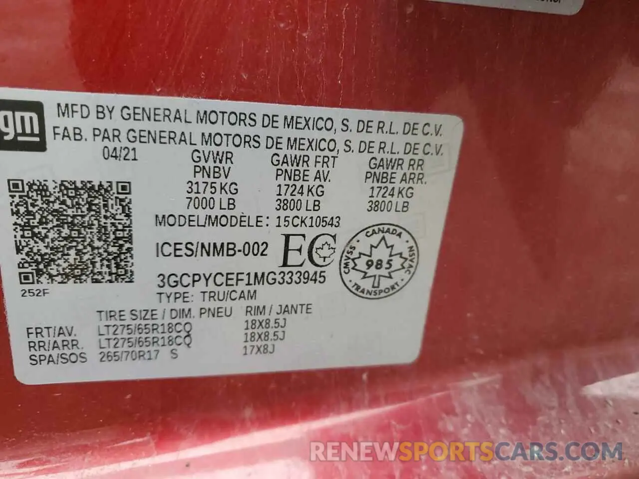12 Photograph of a damaged car 3GCPYCEF1MG333945 CHEVROLET ALL Models 2021