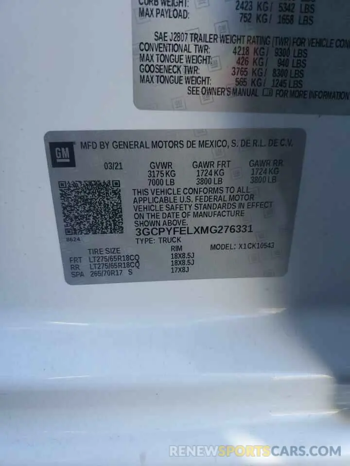12 Фотография поврежденного автомобиля 3GCPYFELXMG276331 CHEVROLET ALL Models 2021