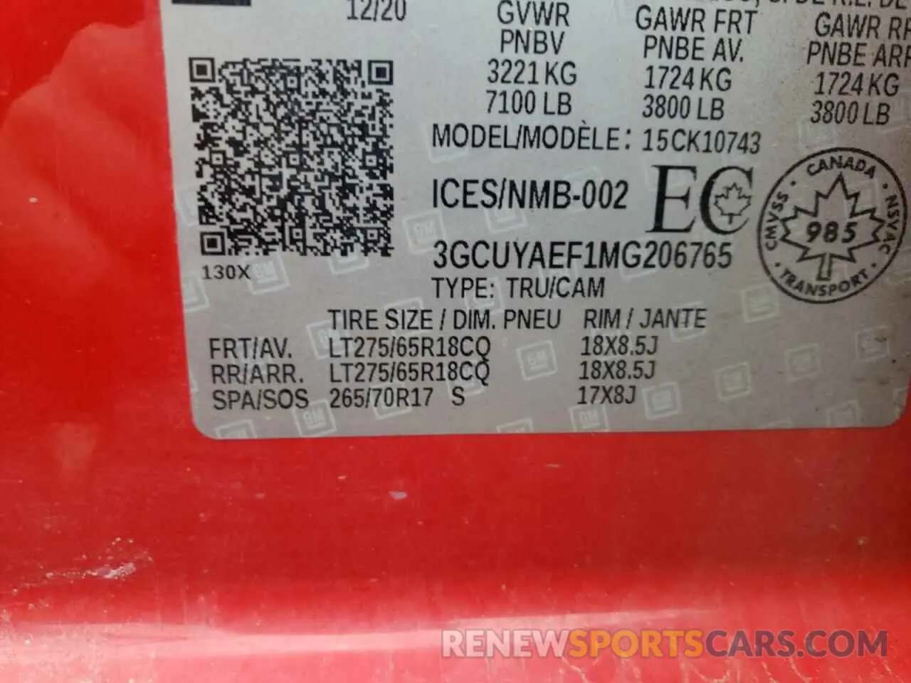 13 Photograph of a damaged car 3GCUYAEF1MG206765 CHEVROLET ALL Models 2021