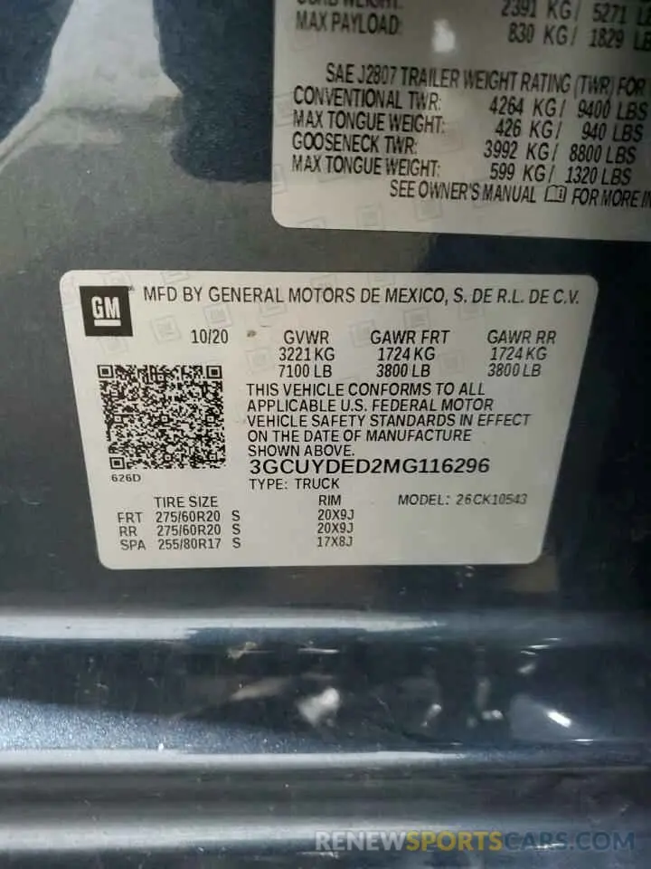 12 Photograph of a damaged car 3GCUYDED2MG116296 CHEVROLET ALL Models 2021