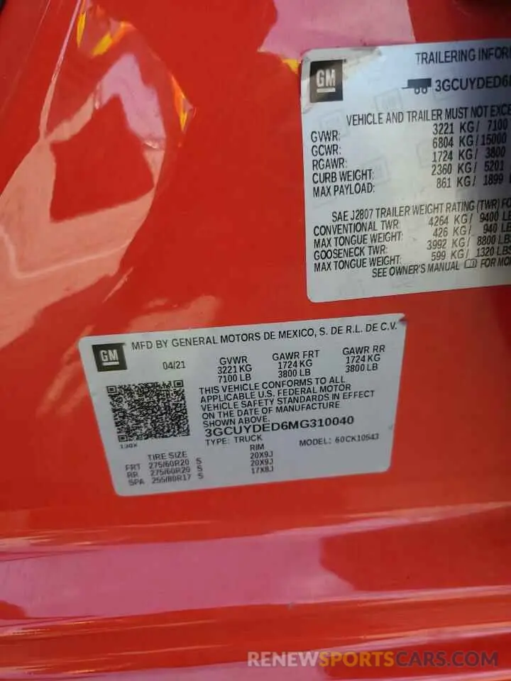 13 Фотография поврежденного автомобиля 3GCUYDED6MG310040 CHEVROLET ALL Models 2021