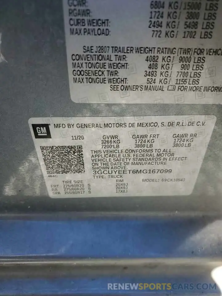 12 Photograph of a damaged car 3GCUYEET6MG167099 CHEVROLET ALL Models 2021