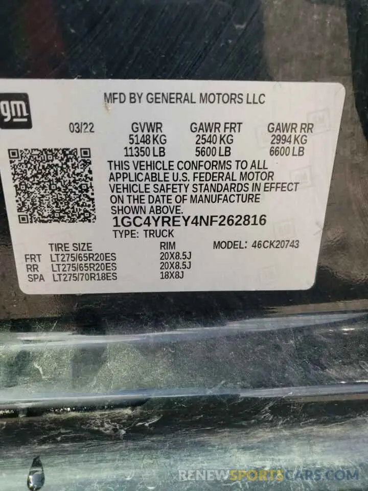 12 Photograph of a damaged car 1GC4YREY4NF262816 CHEVROLET ALL Models 2022