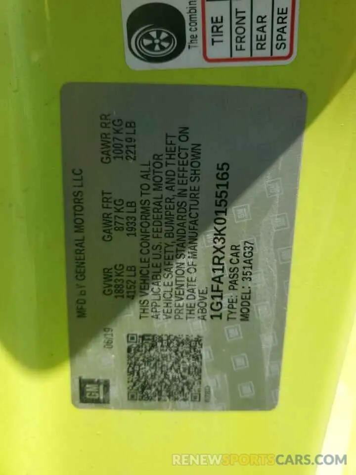 12 Photograph of a damaged car 1G1FA1RX3K0155165 CHEVROLET CAMARO 2019
