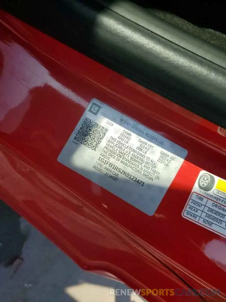 12 Photograph of a damaged car 1G1FB1RS2K0123471 CHEVROLET CAMARO 2019