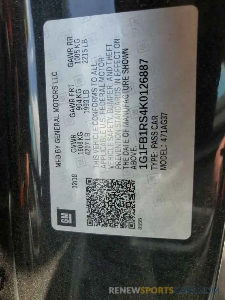 13 Photograph of a damaged car 1G1FB1RS4K0126887 CHEVROLET CAMARO 2019