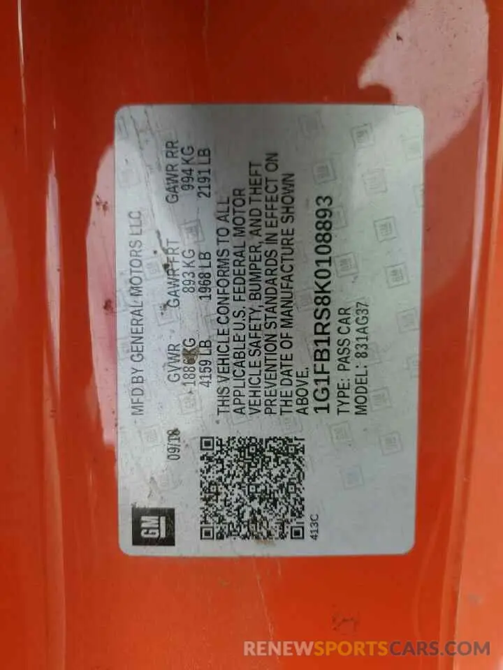 12 Photograph of a damaged car 1G1FB1RS8K0108893 CHEVROLET CAMARO 2019
